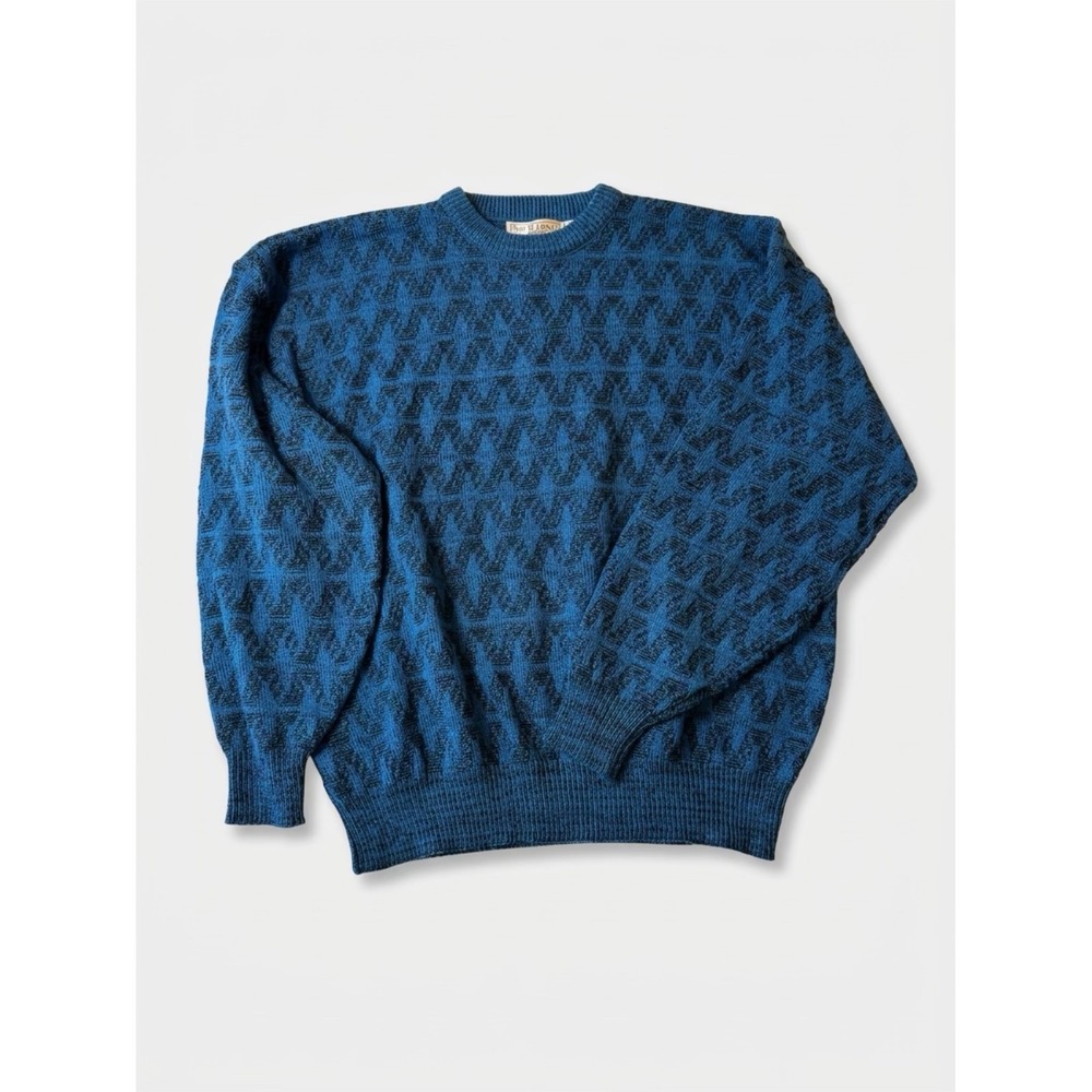 Vintage Brittany Bay Mens XL Blue Geometric Knit Crewneck Sweater Acrylic Korea